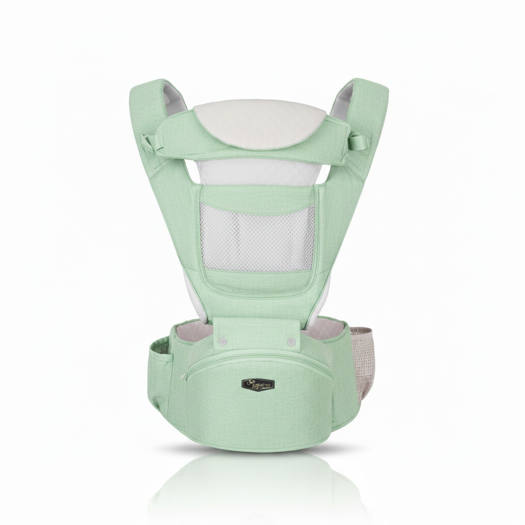 Svetlozelena ergonomska nosiljka za bebe sa funkcionalnim sedalnim delom, pojasom oko struka i mrežastim mrežama protiv pregrevanja.